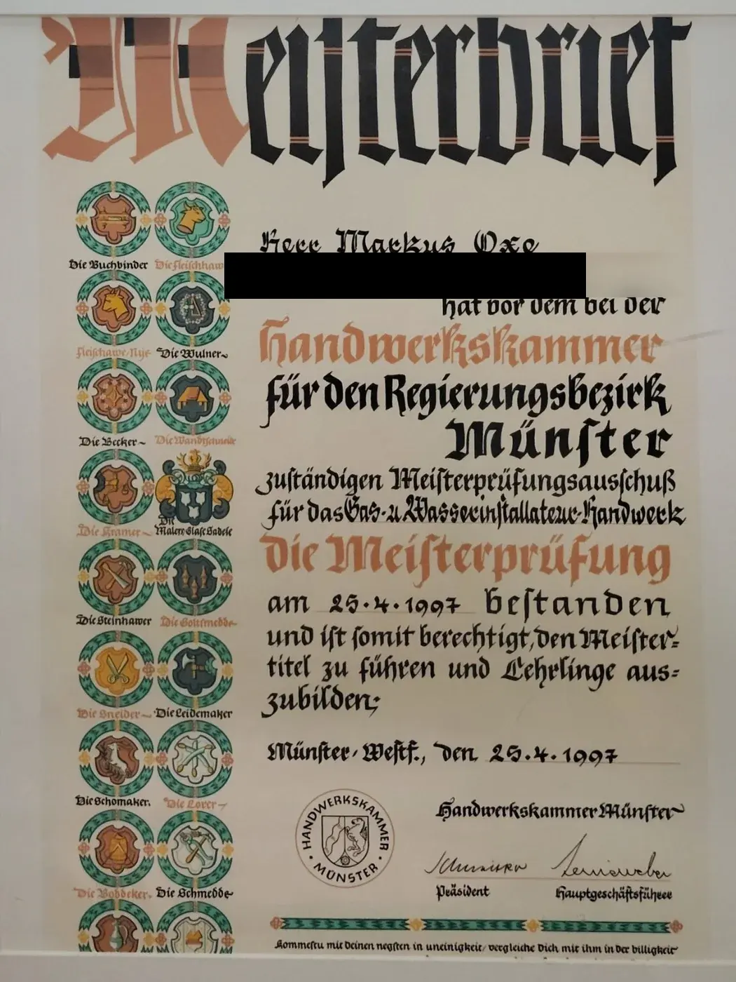 Meisterbrief von Markus Oxe im Gas- und Wasserinstallateur-Handwerk