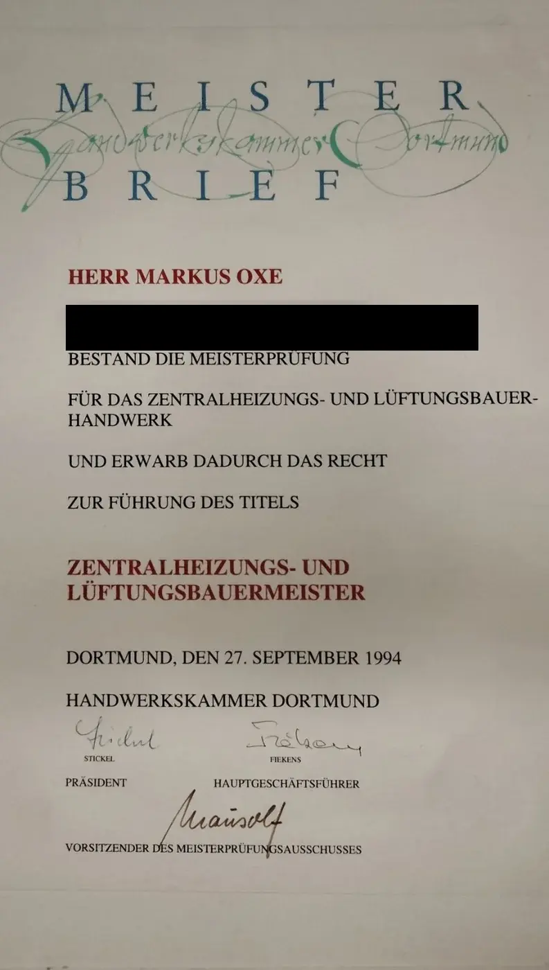 Meisterbrief von Markus Oxe als Zentralheizungs- und Lüftungsbauermeister